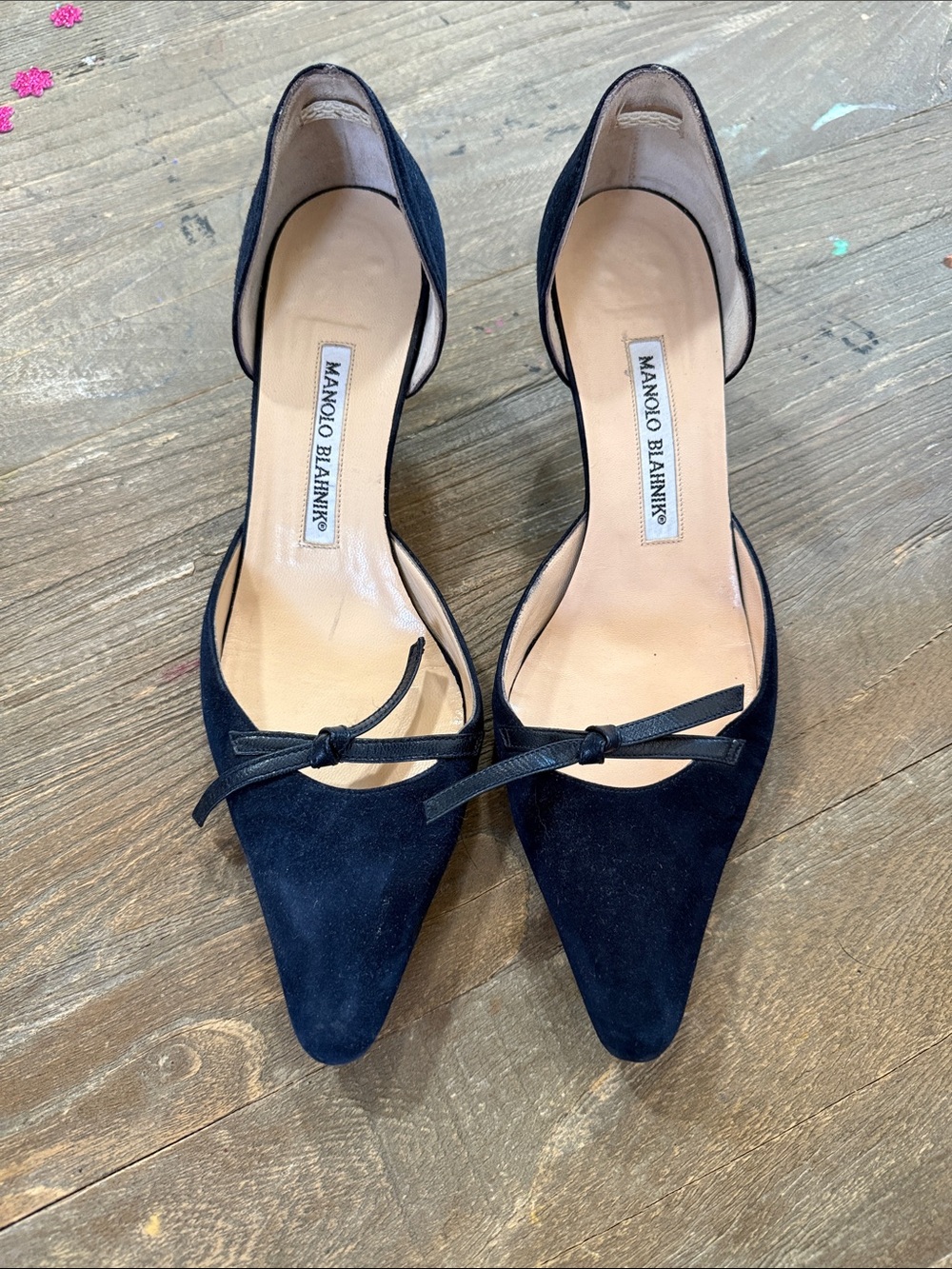Manolo Blahnik Blue Suede Heels w/ Tie Detail 37.5 (US 7.5)